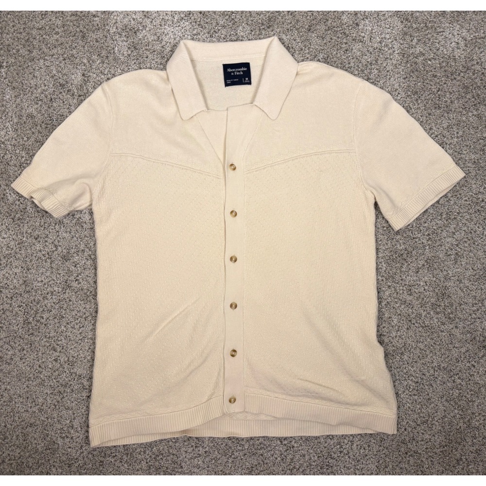 Abercrombie & Fitch Sweater Button Mens Medium Cream Textured Knit Short Sleeve